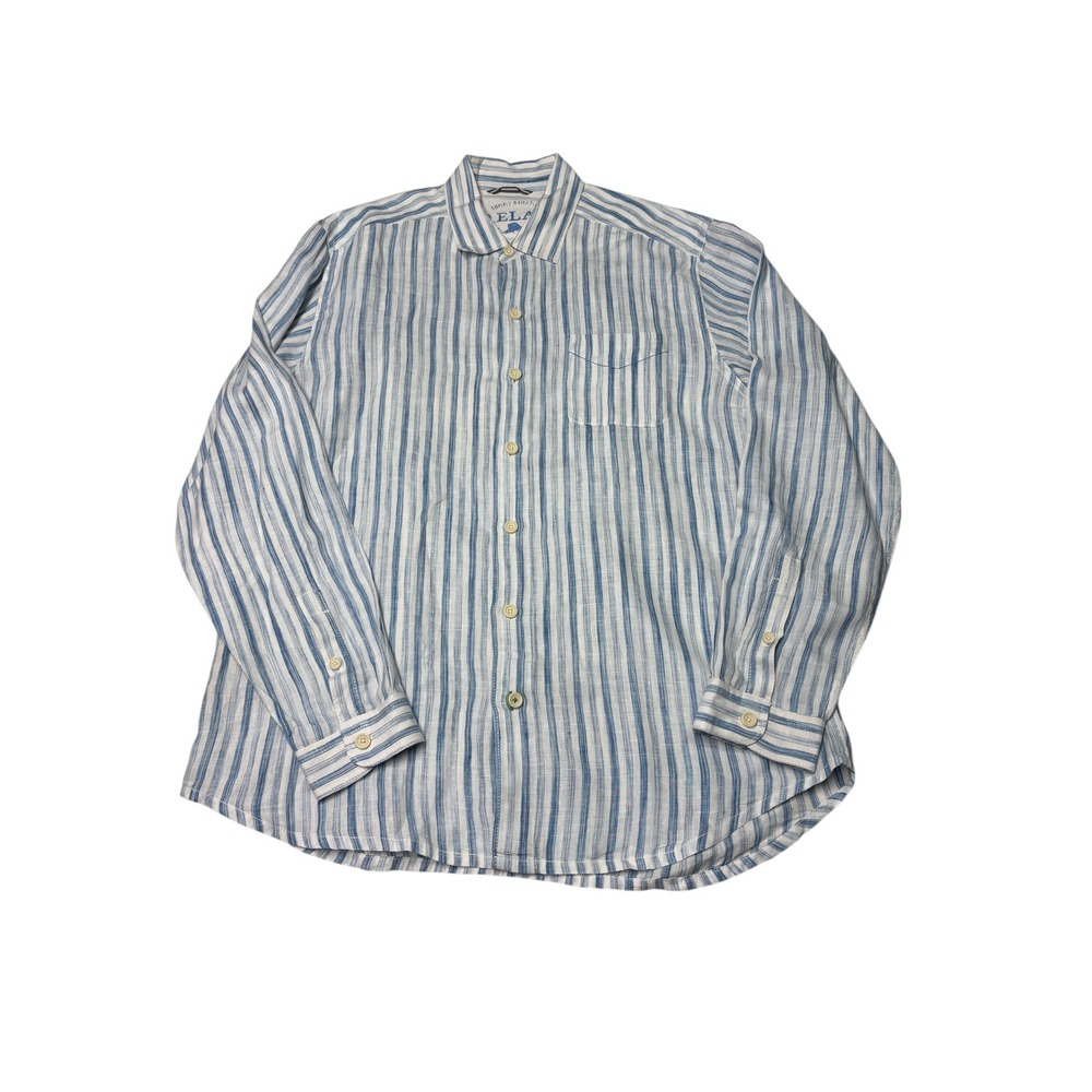 Tommy Bahama Relax Mens Large Blue White Striped 100% Linen Button Down Shirt